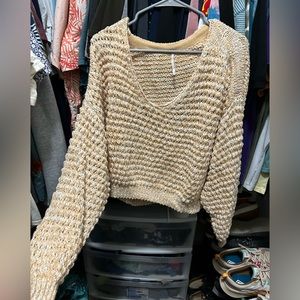 Yellow and White Free People Knit Coconut V Sandy Sweater size M